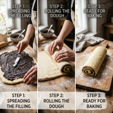 How to make Austrian poppy seed strudel by spreading filling and rolling yeast dough.