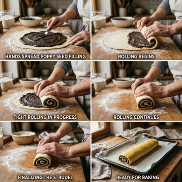How to roll Austrian poppy seed pastry by spreading filling and shaping yeast dough.