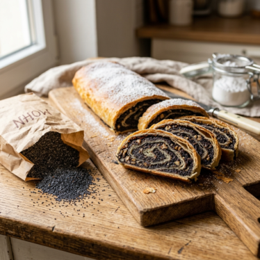 Finished Austrian poppy seed pastry Mohnstrudel with powdered sugar and poppy seeds for baking.
