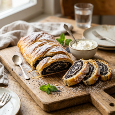 Finished Austrian poppy seed strudel Mohnstrudel dusted with powdered sugar.