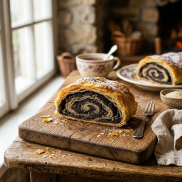 freshly baked Mohnstrudel slice on a rustic wooden board