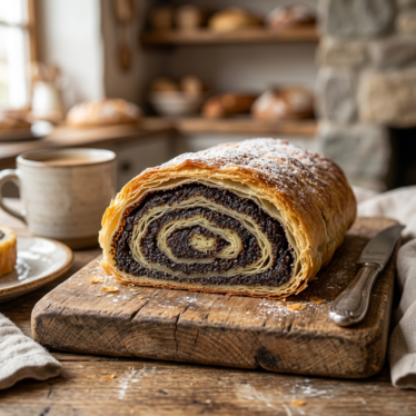 cross-section of Mohnstrudel showing the poppy seed spiral