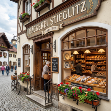 vintage Austrian bakery storefront with display of Mohn pastries