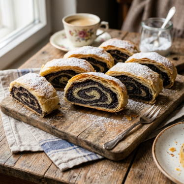 liced Austrian poppy seed strudel (Mohnstrudel) revealing a dark poppy seed spiral filling.