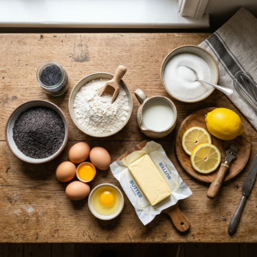 Ingredients for Austrian poppy seed strudel laid out on a kitchen counter.