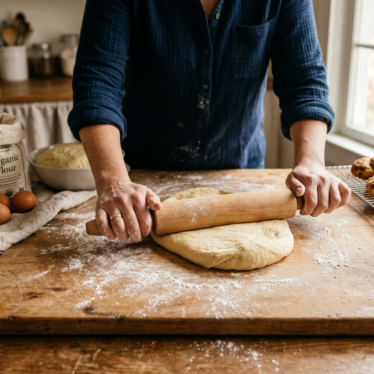 Baker rolling out soft yeast dough for Austrian poppy seed strudel.