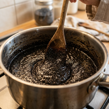 Cooking smooth poppy seed filling for Mohnstrudel in a saucepan.
