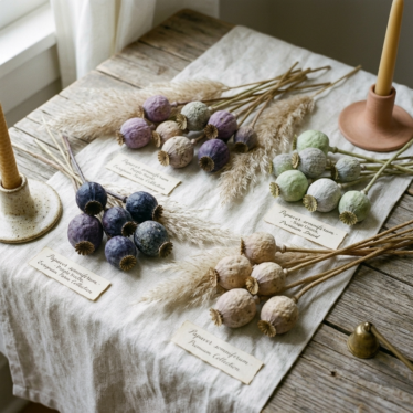 premium quality dried opium poppy pods in varied colorful tones arranged as botanical art specimens against a neutral background, sourced from European agricultural farms.