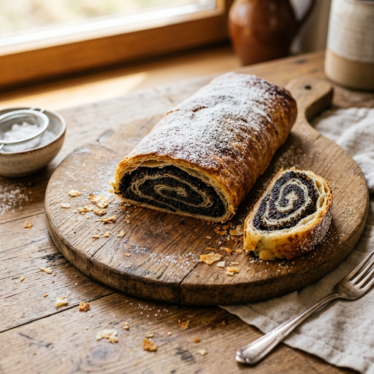 Finished Austrian poppy seed strudel dusted with powdered sugar showing the inner spiral