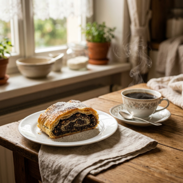 Slice of Austrian poppy seed strudel served with coffee in the traditional Austrian style.