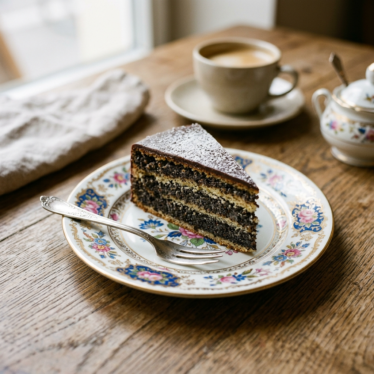 Slice of Austrian Mohntorte on a vintage floral plate beside a cup of coffee on a rustic wooden table.