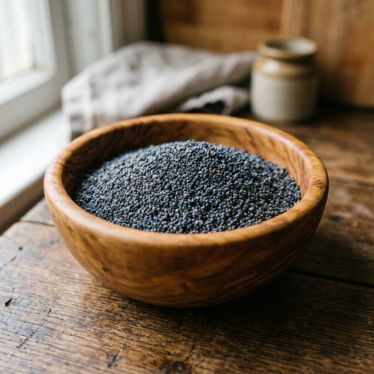 Ground poppy seeds in a wooden bowl on a rustic table, close-up food ingredient image.