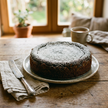 Whole Mohntorte dusted with powdered sugar on a rustic surface