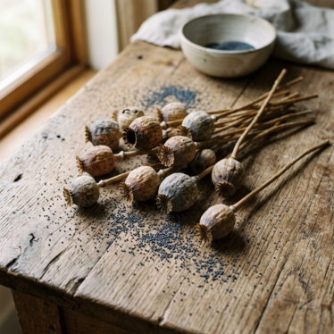 Dried poppy seed pods and loose poppy seeds on a rustic wooden table, ceramic bowl in background, natural harvest scene