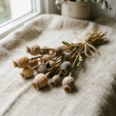 Dried Austrian poppy pods UK arranged on natural linen for home décor.