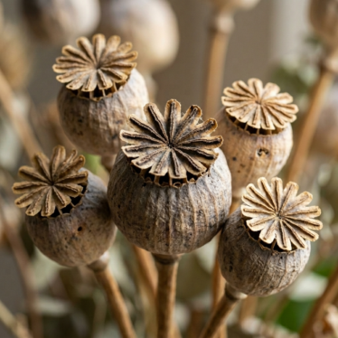 Dried poppy pods showing the distinctive crown-shaped stigmatic disc of Papaver somniferum.