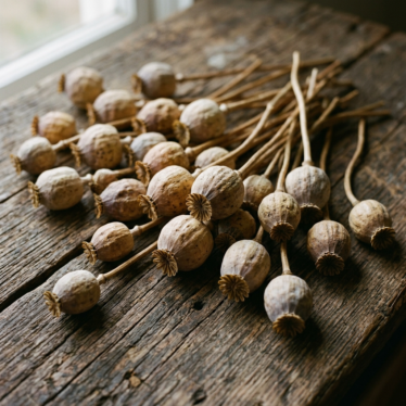 Premium dried poppy pods displayed on a wooden table, showing whole intact heads ready to buy.