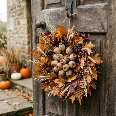 Handmade autumn wreath decorated with premium dried poppy pods.