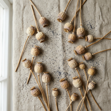 Dried poppy pods next to scattered poppy seeds, illustrating decorative and traditional uses.