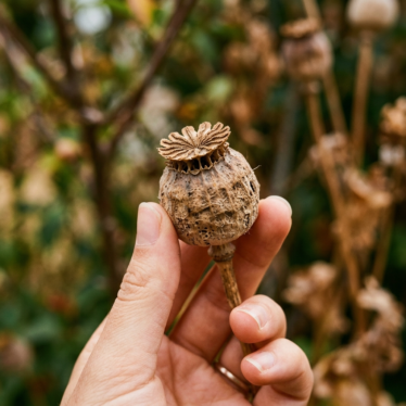 Close inspection of a single premium dried poppy pod checking for cracks and color.