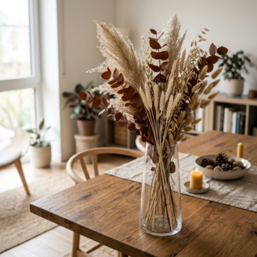 Decorative dried flowers arrangement with pampas grass and dried poppy pods in a ceramic vase.