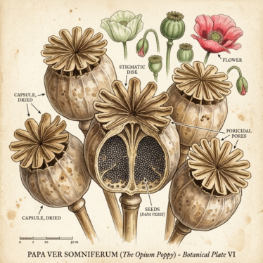 Historical botanical illustration of Papaver somniferum and its seed pods.
