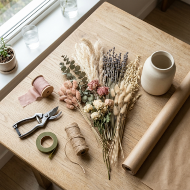 Step-by-step guide to arranging decorative dried flowers in a vase.