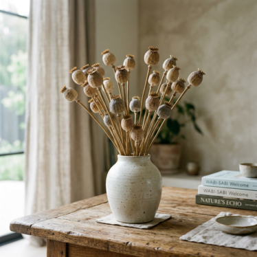 Dried poppy pods with tan crown tops in a ceramic vase, a decorative botanical arrangement on a wooden table.