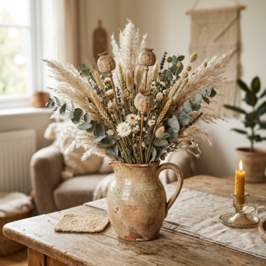 Rustic ceramic pitcher with a dried floral arrangement featuring poppy pods, pampas grass, and eucalyptus on a wooden table.






