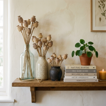A styled home shelf with dried poppy pods in three decorative vessels of varying heights, stacked books, and a small potted plant in a minimalist interior.






