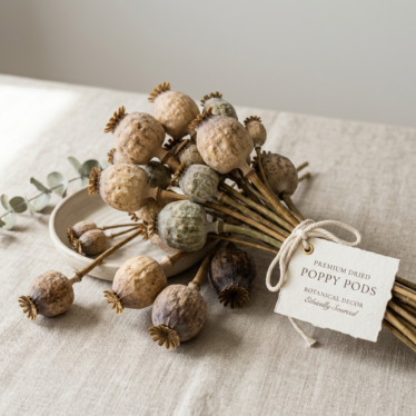 Premium decorative poppy pods bundled for shipping on a clean neutral backdrop.







