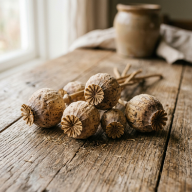 Premium dried Austrian poppy pods with thick stems on a wooden surface.