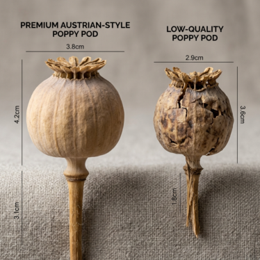 Comparison of a premium Austrian poppy pod and a cracked low-quality pod.