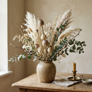 Dried floral arrangement with Austrian poppy pods, pampas grass, and eucalyptus.