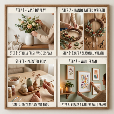 Four DIY projects using dried Austrian poppy pods including vase, wreath, painted pods, and wall frame.