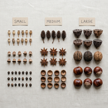 Dried poppy pods sorted by size into small, medium, and large groups.