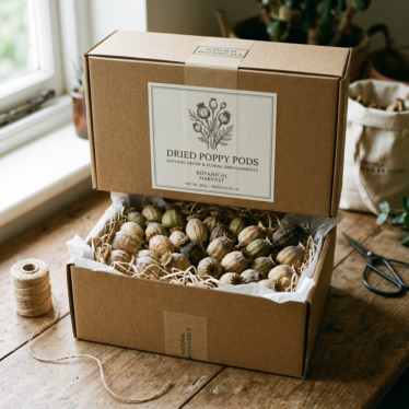 Carefully packaged dried Austrian poppy pods prepared for shipping.