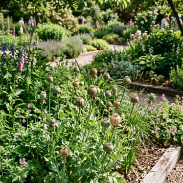 Mature poppy capsules growing in a botanical garden setting
