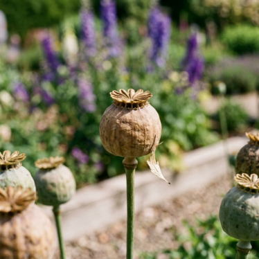 Close-up photograph showing the shape and structure of a mature poppy capsule