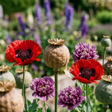 Ornamental poppies adding color and structure to a landscaped garden