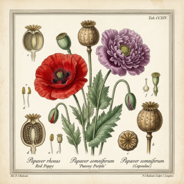 Historical botanical artwork depicting poppy flowers and capsules.