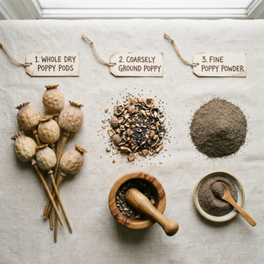 Step-by-step flat lay showing whole dried poppy pods beside coarse ground and fine ground powder stages