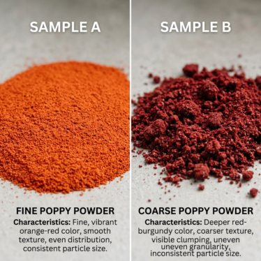 Side-by-side comparison of two poppy powder samples showing color, texture, and clumping differences