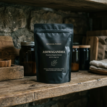Resealable dark opaque bag of botanical powder stored away from sunlight in a cool, dry environment