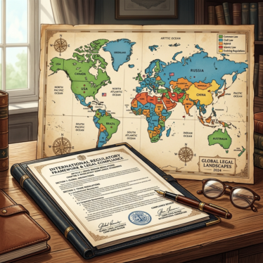 Image of a legal document or regulatory framework alongside a map highlighting different global jurisdictions