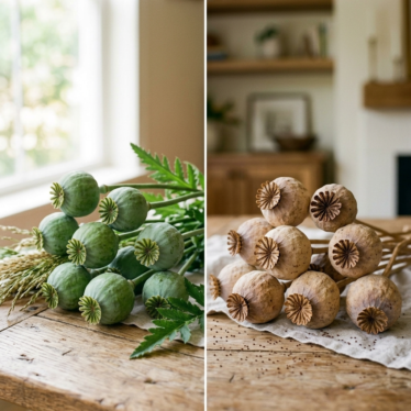 Comparison of fresh untreated poppy pods alongside dried Papaver poppy pods.