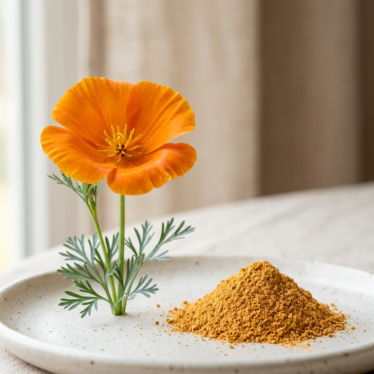 Eschscholzia californica flower next to dried California poppy powder — botanical comparison."