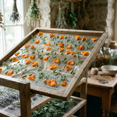 California poppy plant aerial parts drying on a rack — low-temperature processing for powder production.
