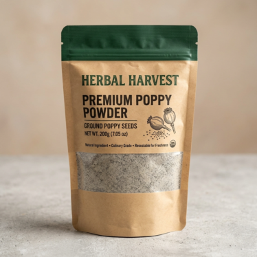 Premium poppy powder in sealed resealable eco-friendly bag — primiumpoppypods.com packaging.