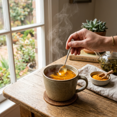 California poppy powder being mixed into herbal tea — common preparation method.